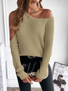 SHEIN Essnce 素色不對稱領肩部挖空套頭毛衣 - 卡其色 - 查看 5