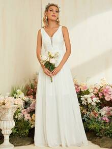 Vestido De Novia Largo De Malla Con Encaje En Contraste - Blanco - Ver 5