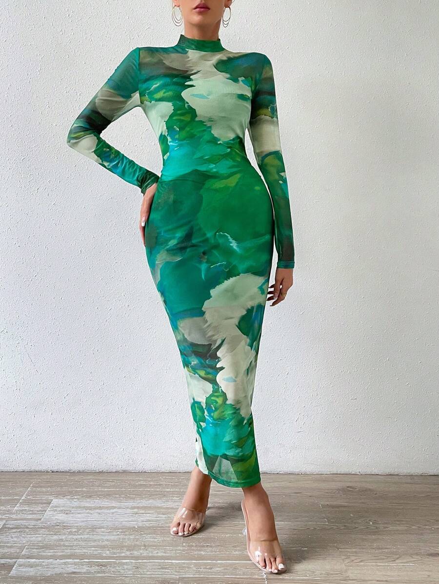 Allurite Tie Dye Mock Neck Bodycon Dress - Multicolor - View 1