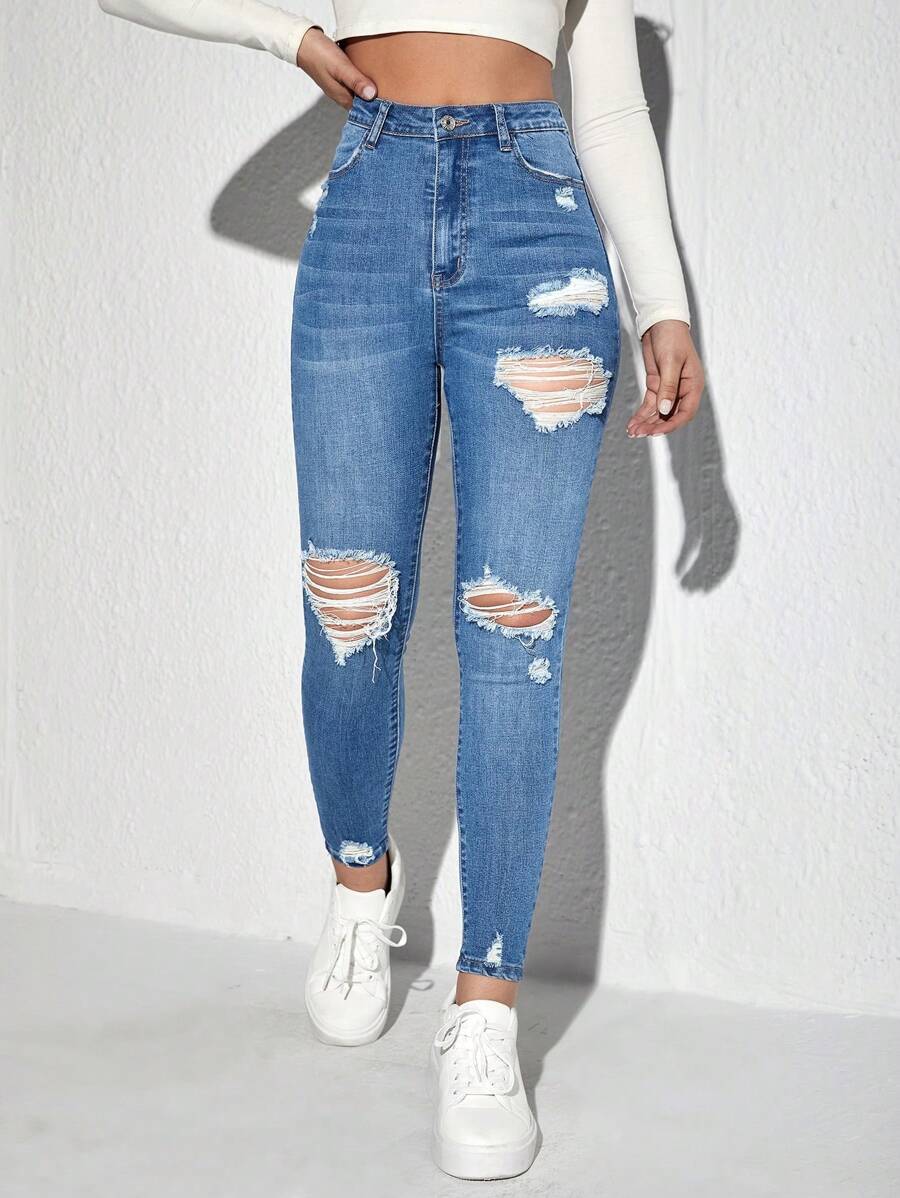 Jeanoix Ripped Detail Skinny Jeans Ripped Jeans Y2k - Medium Wash - View 1