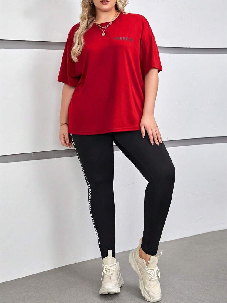 SHEIN EZwear Plus Letter Graphic Drop Shoulder Tee & Leggings - Rose Red - View 5