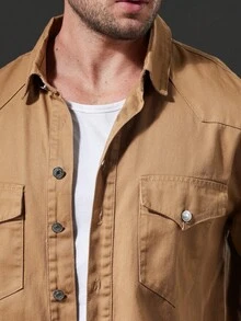 Manfinity 男士大码翻蓋口袋牛仔襯衫不帶T恤 - 卡其色 - 查看 7