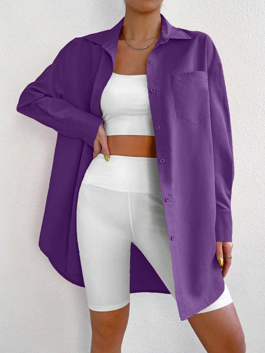 SHEIN EZwear Chất rắn Nút phía trước Vá Túi Áo sơ mi - Màu tím - Xem 1