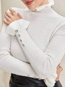 Modelyn Mock Neck Flounce Sleeve Button Detail Sweater