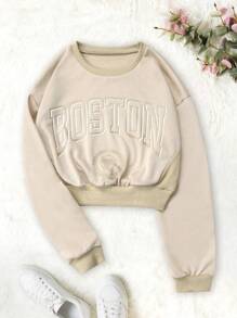 SHEIN SXY 字母圖案落肩袖短款運動衫 - 卡其色 - 查看 1