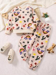 SHEIN Young Girl 彩虹與仙人掌印花運動衫與運動褲 - 黃色 - 查看 1