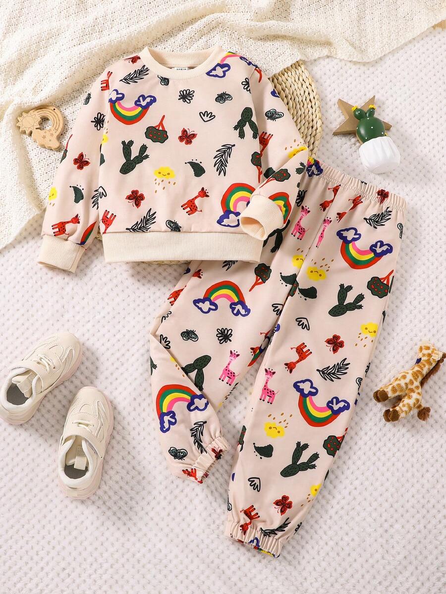 SHEIN Young Girl 彩虹與仙人掌印花運動衫與運動褲 - 黃色 - 查看 1