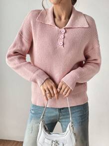 SHEIN EZwear Polo領落肩袖套頭毛衣 - 粉色 - 查看 5