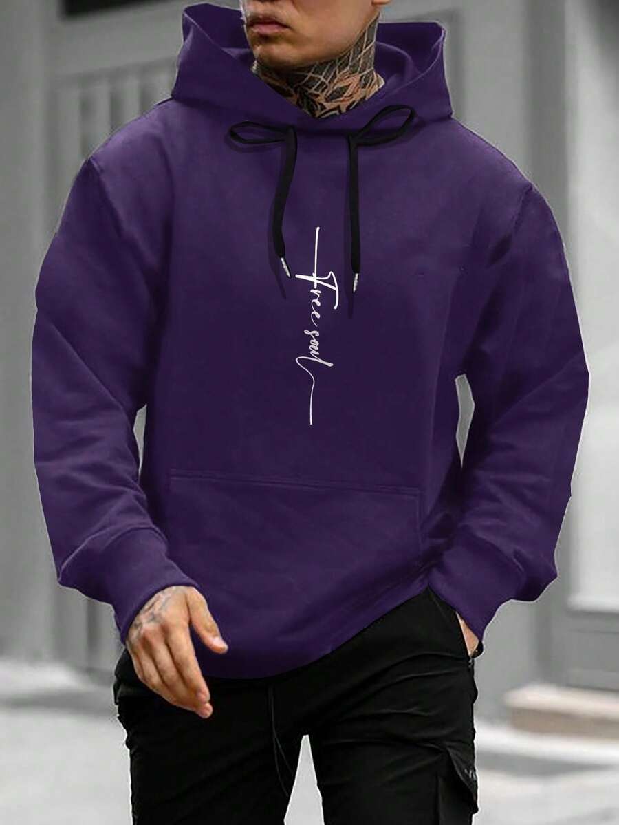 Manfinity Homme 男士字母圖案袋鼠口袋抽繩連帽衫 - 紫色 - 查看 1