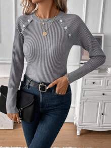 SHEIN Clasi Chi tiết Nút Tay Raglan Áo len - Xám - Xem 1