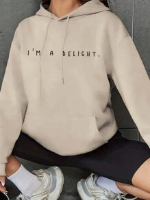 INAWLY Slogan Graphic Kangaroo Pocket Drop Shoulder Drawstring Hoodie,Long Sleeve Tops