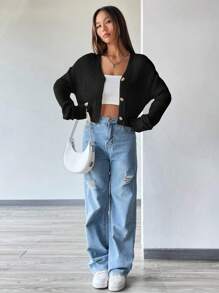 Flirla Drop Shoulder Button Front Ribbed Knit Cardigan,Ladies Spring/Fall Casual Button,Rib-Knit Drop Shoulder V Neck Loose Black Plain Women Cardigans,Casual Daily Wear,Long Sleeve Tops - Black - View 3