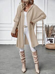 SHEIN LUNE Batwing Sleeve Hooded Duster Cardigan - Khaki - View 7