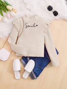 SHEIN Cô gái Tween Đồ họa Chữ cái Viền Ruffle Cổ giả Áo thun - Màu be - Xem 1