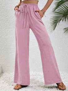 SHEIN LUNE Knot Waist Slant Pocket Wide Leg Pants Fall Cloth For Women - Dusty Pink - View 3
