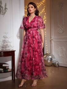 SHEIN Belle 印花泡泡袖網紗覆蓋洋裝 - 彩色 - 查看 6