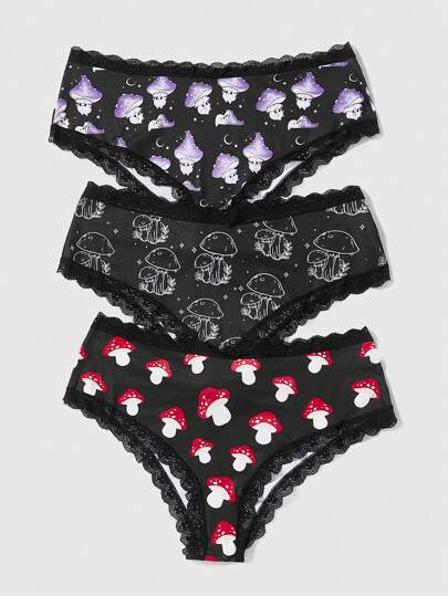 texdoodles Talla grande 3 piezas Set bragas con dibujos animados con estampado de seta ribete con encaje