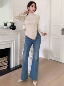 DAZY 女士纯色立领不对称下摆休闲商务毛衣，秋季，长袖上衣 - 杏色 - 查看 4