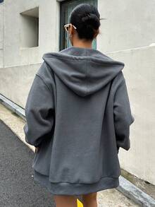 DAZY Letter Embroidery Zip Up Drop Shoulder Drawstring Hooded Jacket - Dark Grey - View 5