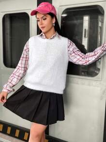 Flirla Plus Solid Fuzzy Sweater Vest Without Blouse