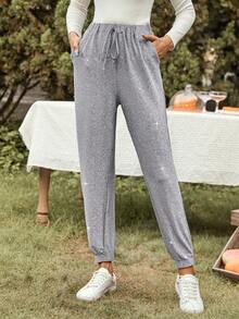 SHEIN LUNE 腰上打結斜口袋金屬亮絲運動褲 - 銀色 - 查看 4