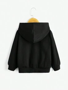 SHEIN 小男孩鸟刺绣袋鼠口袋卫衣 - 黑色 - 查看 2