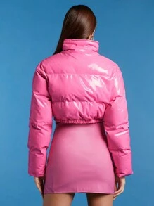 SHEIN BAE Áo khoác độn da PU có khóa kéo - Hồng - Xem 3