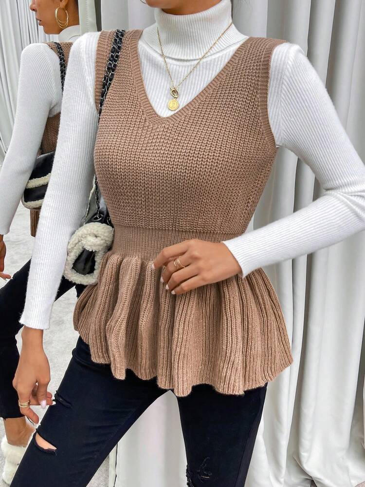 1pc Peplum Waist Sweater Vest