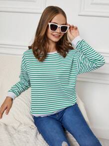 RueChic Tween Girl Striped Print Drop Shoulder Sweatshirt - Multicolor - View 3