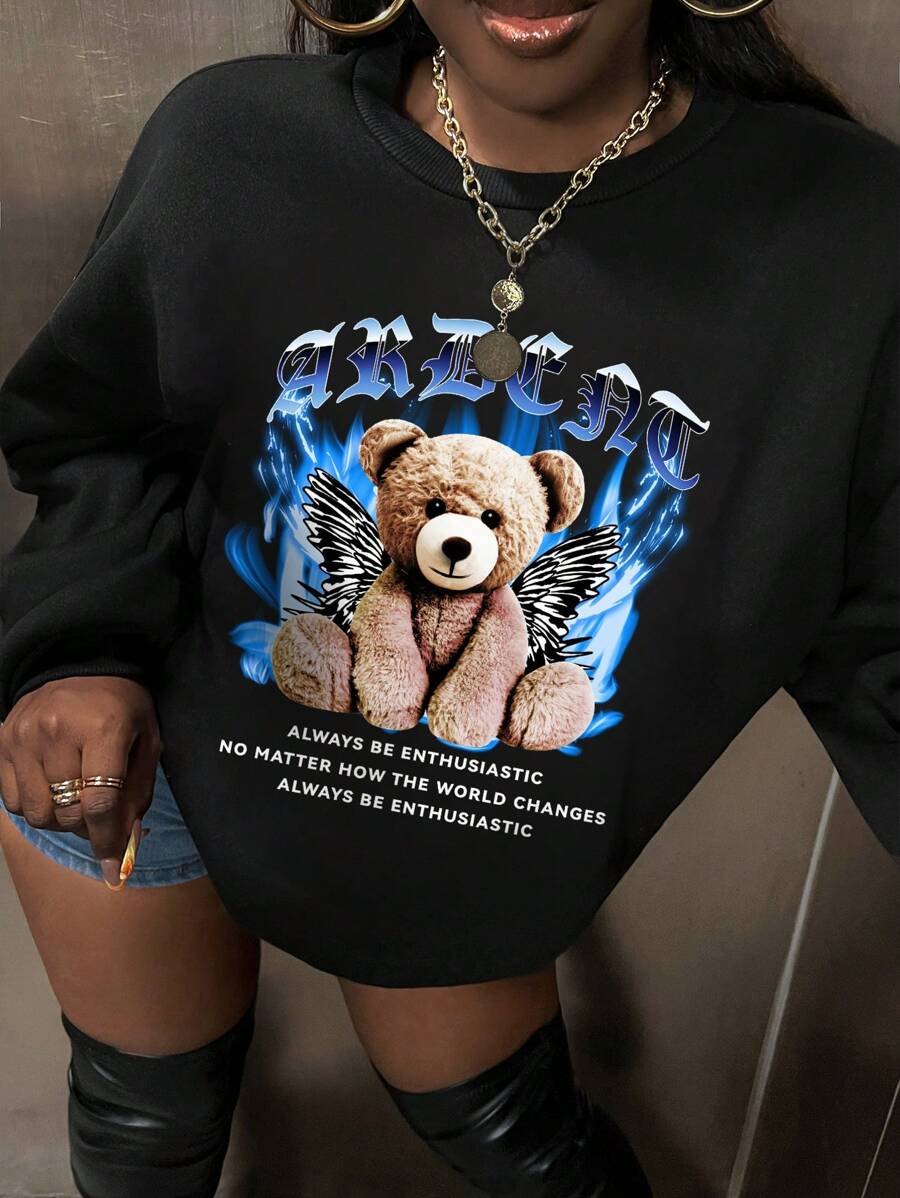 Slaydiva Bear & Slogan Graphic Drop Shoulder Sweatshirt - Black - View 1