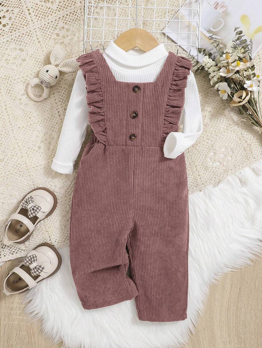 SHEIN Leap Crew Baby Girl Ruffle Trim Overall Jumpsuit Without Sweater - Dusty Pink - View 1