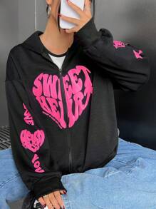 SHEIN EZwear Plus Size Heart Graphic Hooded Zipper Sweatshirt - Black - View 7