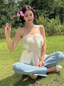 纯色褶皱吊带背心、荷叶边娃娃上衣 - 米色 - 查看 5