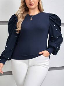SHEIN Privé Plus Pearls Beaded Lantern Sleeve Top - Royal Blue - View 4