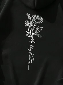 SHEIN EZwear 加大码花卉字母图案抽绳保暖内衬卫衣 - 黑色 - 查看 7