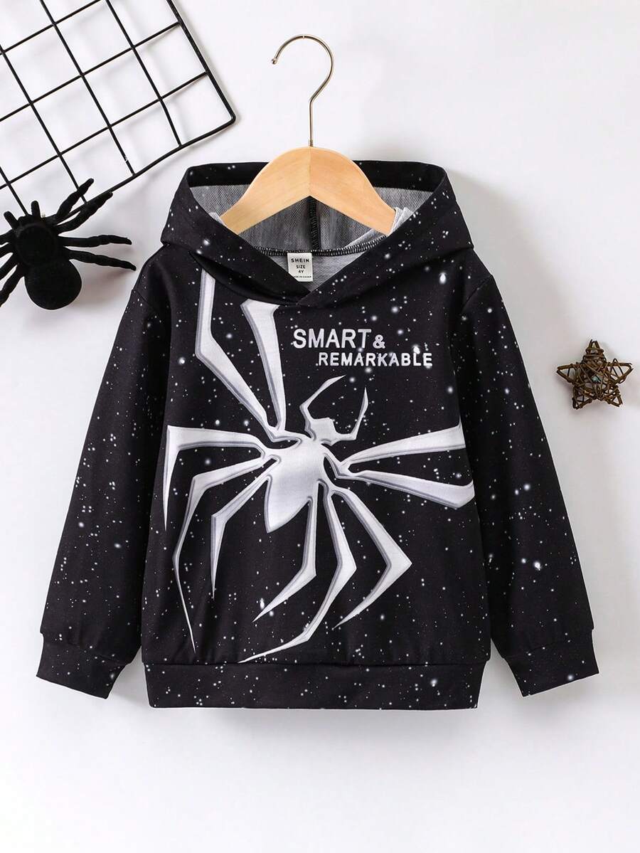 SHEIN 小男孩蜘蛛网和标语图案卫衣 - 黑色 - 查看 1