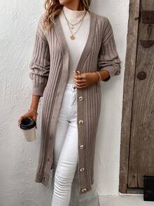 SHEIN LUNE 落肩袖前紐扣開襟衫 - 駝色 - 查看 4