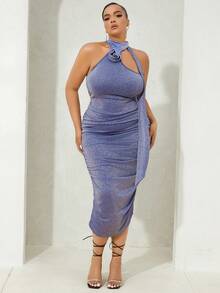 SHEIN SXY Talla grande Vestido ajustado de cuello halter fruncido brillante - Lila Púrpura - Ver 4