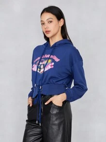 JUSTICE LEAGUE X SHEIN Letter Graphic Drop Shoulder Drawstring Hoodie