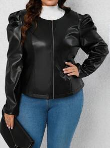 SHEIN LUNE Plus Gigot Sleeve PU Leather Jacket - Black - View 5