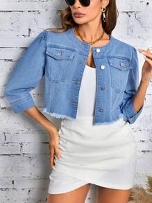 SHEIN LUNE Flap Pocket Raw Hem Crop Denim Jacket - Light Wash - View 1