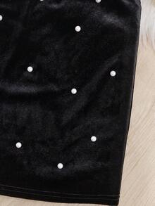 Tween Girl Pearls Beaded Velvet Skirt - Black - View 4