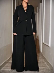 RueChic Solid Blazer & Wide Leg Pants - Black - View 4