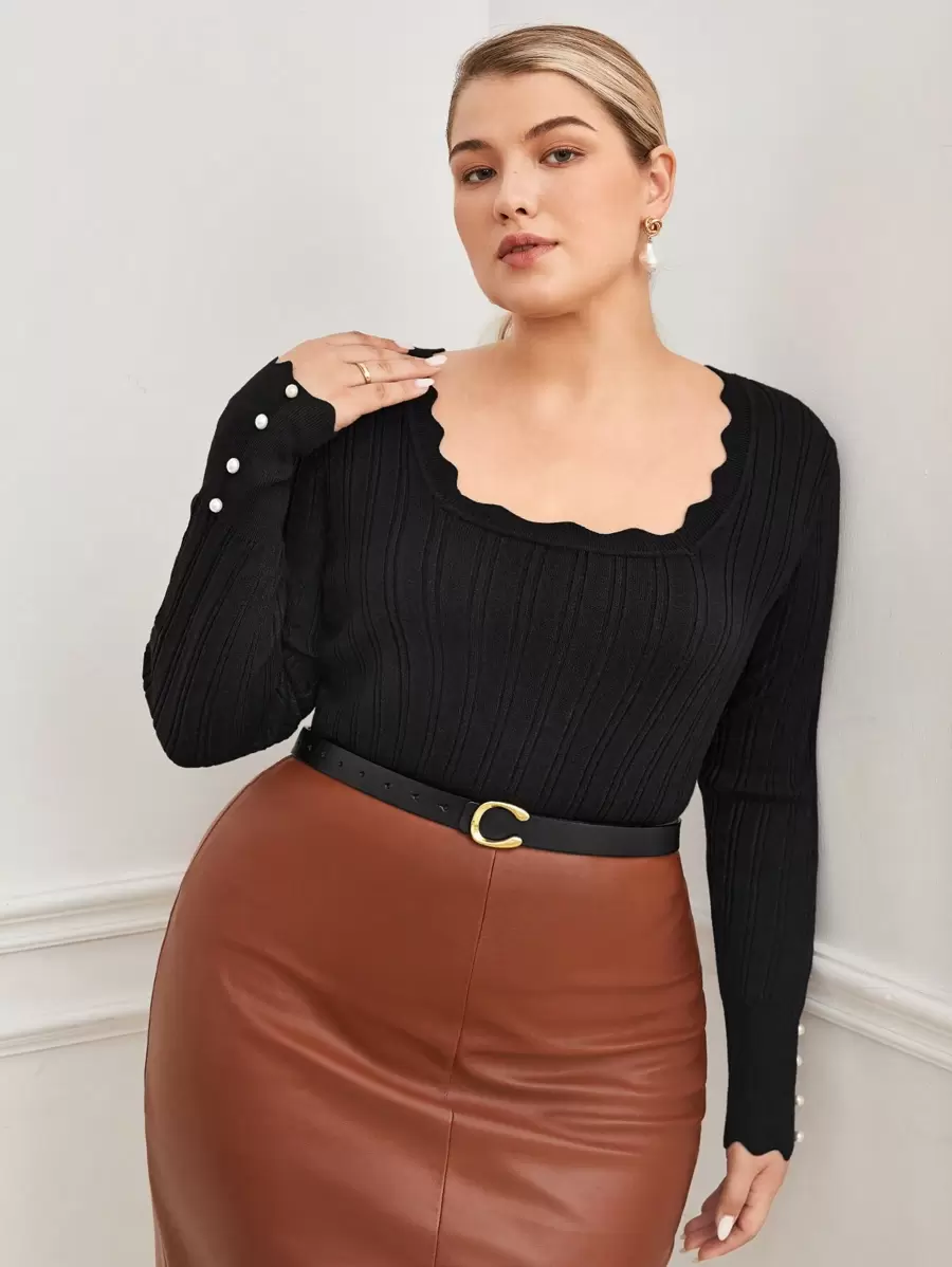 BizChic Plus Scallop Trim Button Detail Sweater