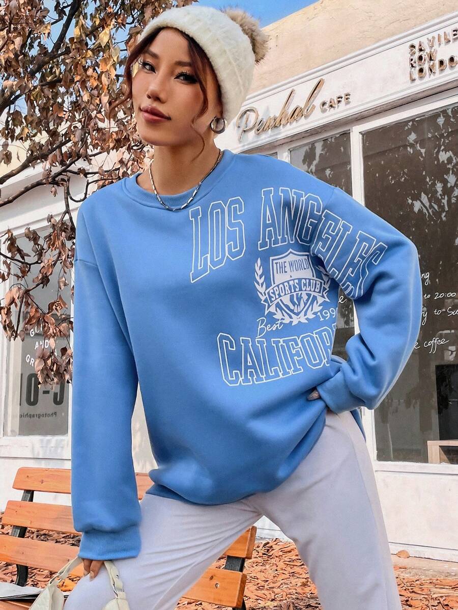 SHEIN Unity 字母图案落肩套头卫衣，秋季卫衣 - 藍色 - 查看 1