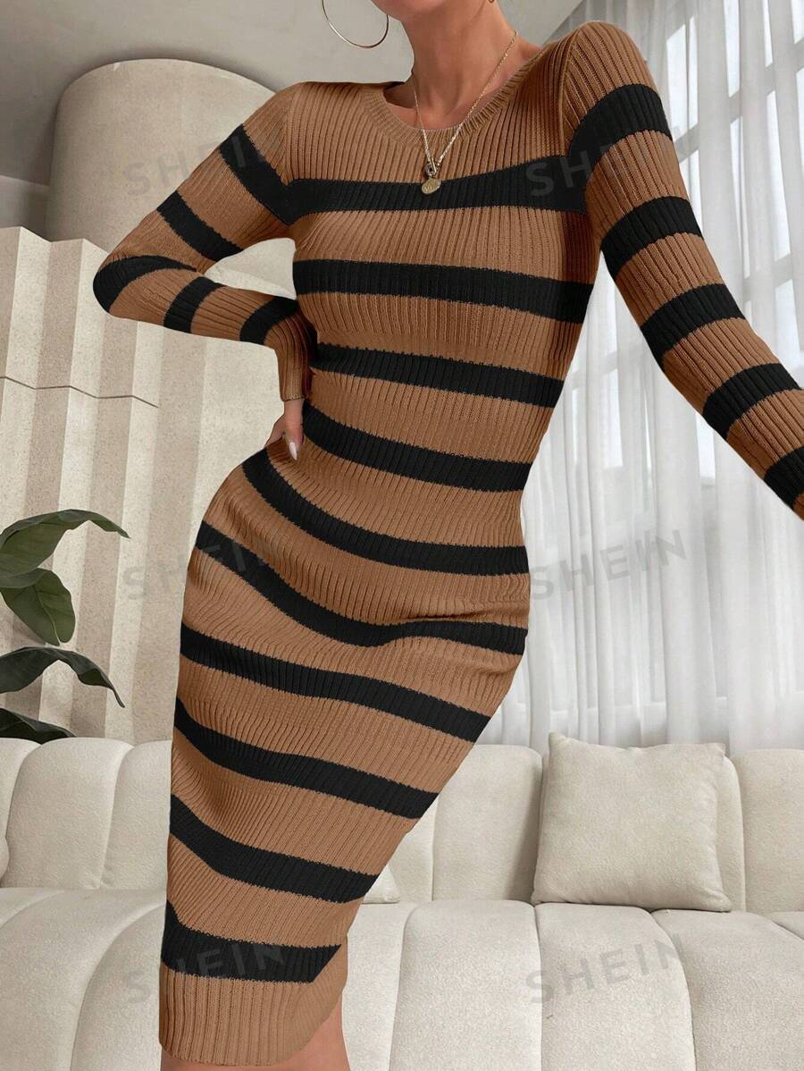 Xyvia Vestido tipo suéter ajustado con estampado de rayas