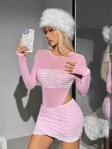 SHEIN ICON Solid Bodysuit & Ruched Skirt - Pink - View 1