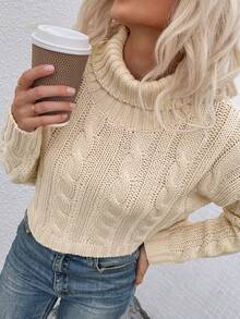 SHEIN Frenchy Turtleneck Cable Knit Drop Shoulder Sweater - Apricot - View 6