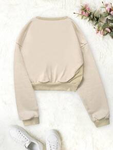 SHEIN SXY 字母圖案落肩袖短款運動衫 - 卡其色 - 查看 2