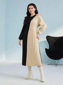 Mulvari Plus Two Tone Ruffle Trim Lantern Sleeve Pleated Sweater Dress - Multicolor - View 1